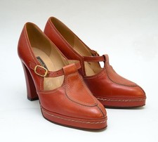 Gabor 60er Jahre Plateau T-Spange Pumps True Vintage orange Leder Gr. 4,5 (37,5)
