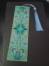 Handmade Diamond Art Bookmark Blue Green Tassel Acrylic Beaded 7.75"
