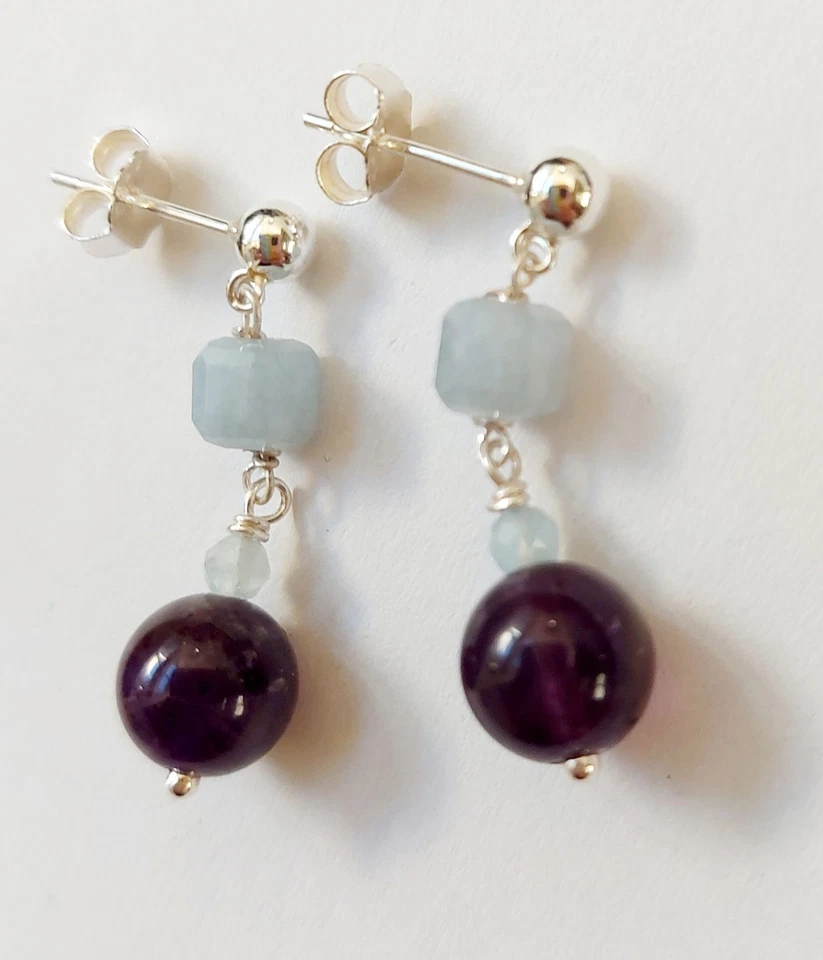 Orecchini in argento 925 pietre acquamarina a cubo e ametista idea regalo Natale - Immagine 2 di 4