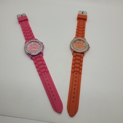 Geneva Women's Quartz Wristwatches Pink & Orange Silicone Band Analog Lot of 2