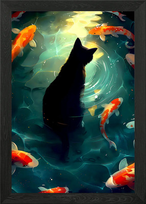 Schwarze Katze mit Koi Fisch gerahmtes Wandbild Poster Leinwanddruck Bild