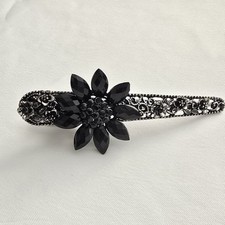 Vintage Hair Clip Silver And Black Floral Rhinestone Flower Filigree Prom 4.5