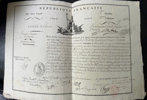 French Army Military Discharge, 70ème Demi-Brigade, 1798.  Rare Original Doc