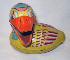 Vintage 1950s Japan Alps Tin Litho Duck Friction Toy Bill Moves  Quacks Works