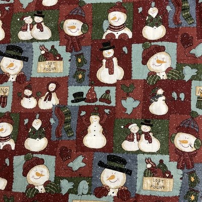 Vtg Cotton Fabric Snowman Snowmen Mittens Lost Found Patchwork 6 yds x 44'' Issue