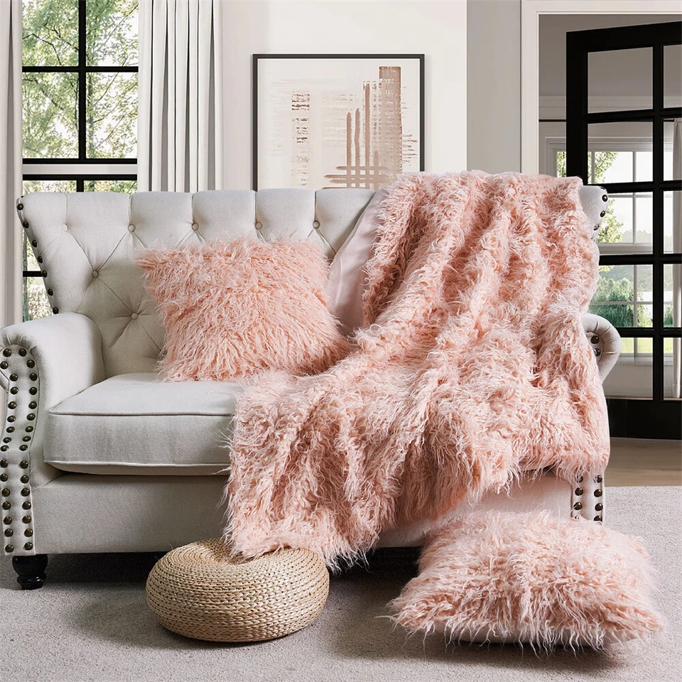 蒙古人造毛皮毯带2个枕套-超柔软舒适套装 — 第 3/4 张图片