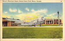Macons Municipal Airport Postcard Airplane Aviation History Georgia Linen Vtg