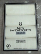 Vtg USA Men's 8 HANDKERCHIEFS Fine Quality WHITE ON WHITE Satin Stripes NOS