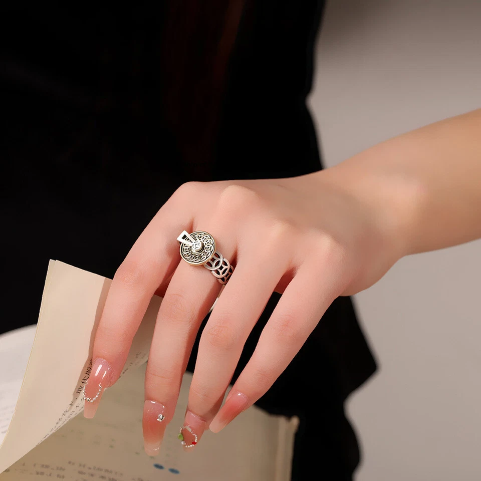 Real 990 Pure Silver Coin-Shaped Solid Women's Lucky Band Ring Size 6-8 - Image 3 of 4