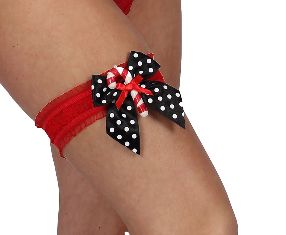 Christmas Red Garter Red With Large Bow and Candy Cane Trim  FREE POSTAGE  (FL) - Image 3 of 4