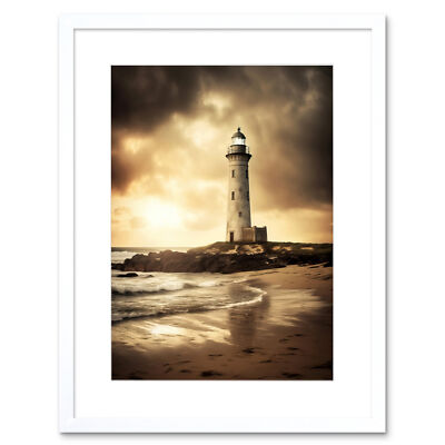 Atmospheric Lighthouse Beach Sepia Atmospheric Sunset Framed Art Print 9X7