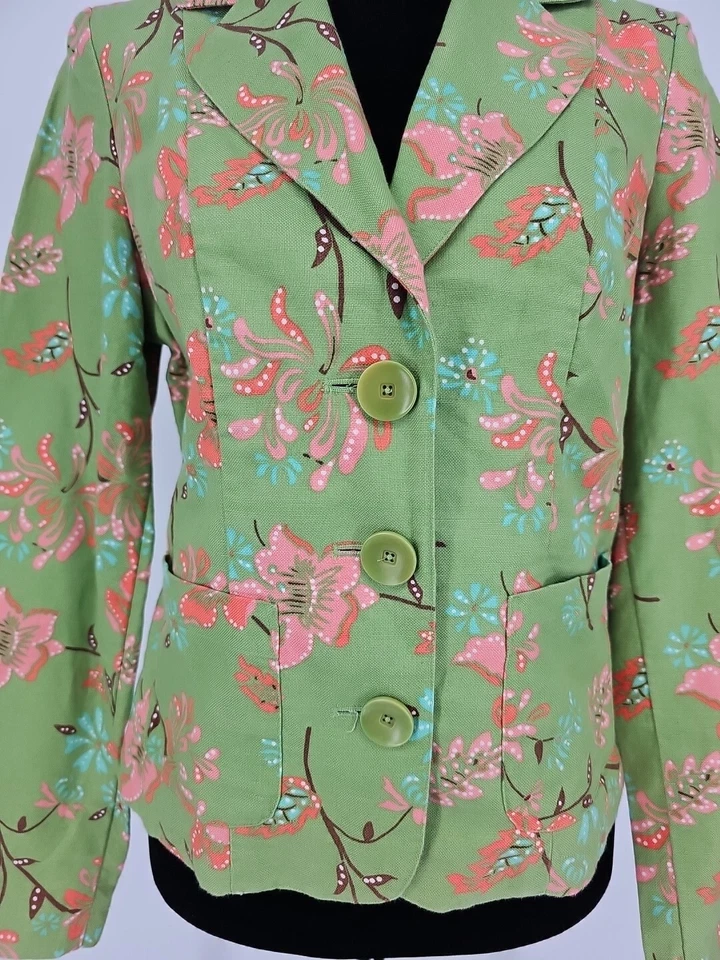 Blazer boho Harold's para mujer de lino verde floral talla 4 Foto 2 de 4