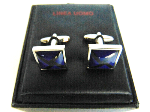 Cufflinks Men's Blue Black Silver Square X Design Plated Metal Linea Uomo