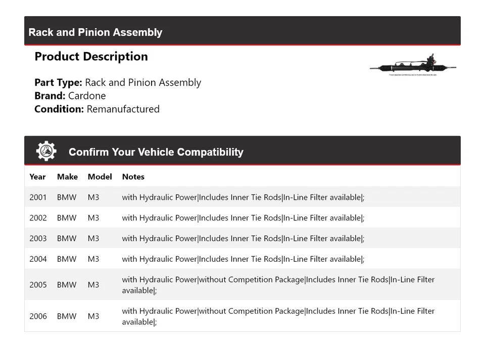 Conjunto de piñón y cremallera para BMW M3 2001-2006 Cardone 2002 2003 2004 2005 Foto 2 de 4