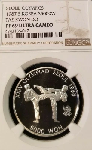 1987 SOUTH KOREA SILVER 5000 WON TAE KWON DO NGC PF 69 ULTRA CAMEO HIGH GRADE