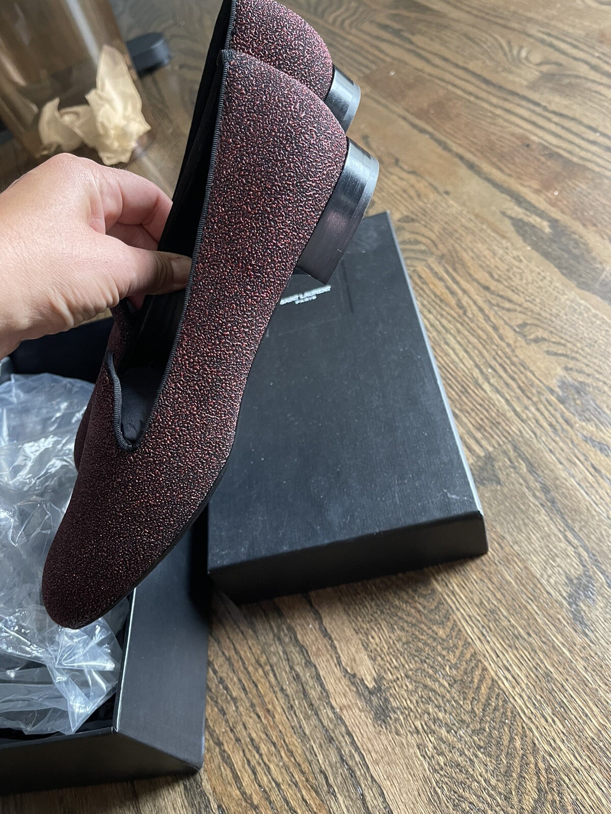 Autentico mocassino slip on donna Saint Laurent glitter borgogna taglia 40 5