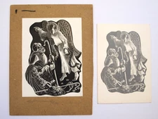 Grace Larner (Evans) Drawing etched in ink on card angles , wise men 1954