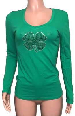 St Patrick's Day Green rhinestone Bling Clover L/S v-neck t-shirt top glam 90's