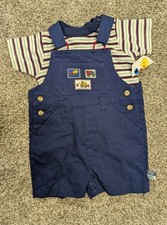 Vintage NWT Sesame Street Outfit Striped Shirt Shortalls Boys Size 3/6 Months