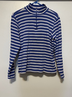 L.L.Bean Womens Blue White Striped Mock Neck Zip Long Sleeve Pullover Sweater XL