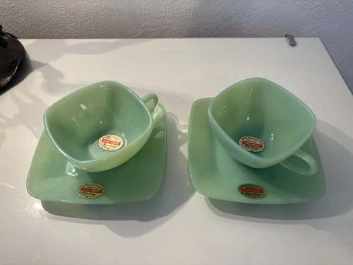 Fire King Jade-ite Green Glass Square Cup & Saucer Four-Piece Set - stickers!