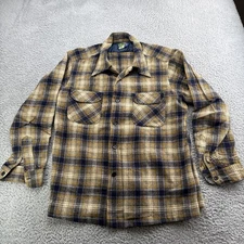 Pendleton Wool Flannel Shirt Mens Large Button Up Brown Blue Plaid VTG