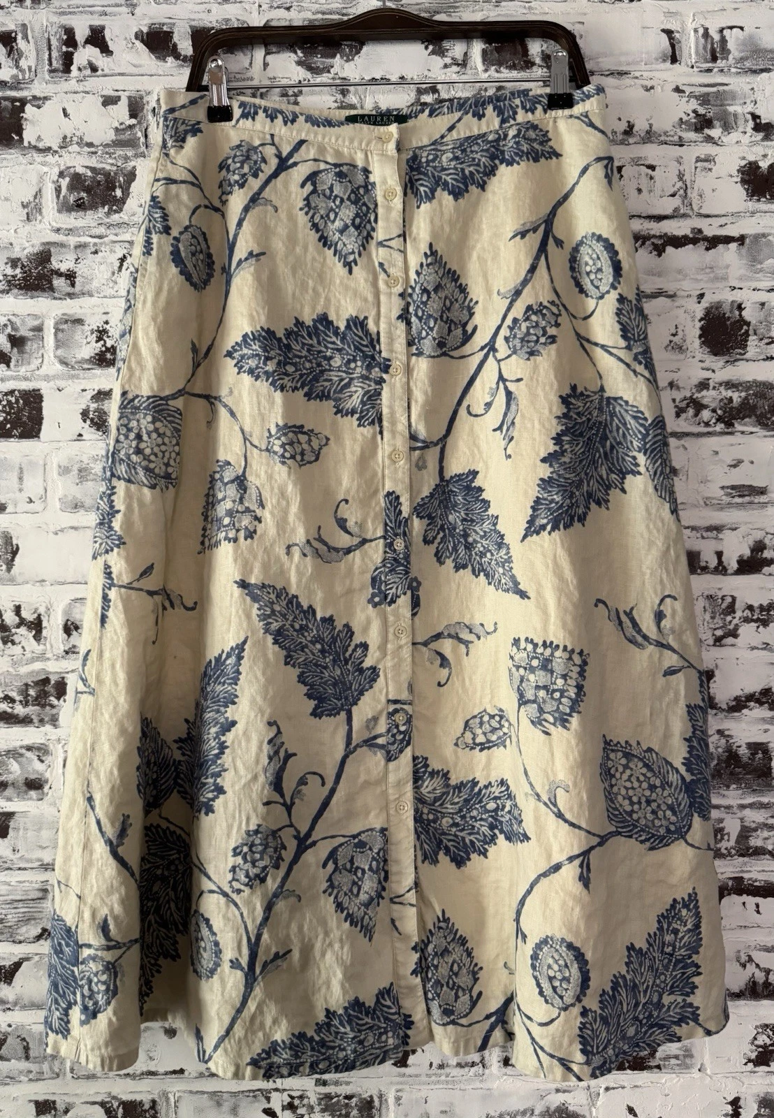 Vintage Lauren Ralph Lauren Sz 12 Linen Maxi Skirt Floral Cottage Prairie Y2K **