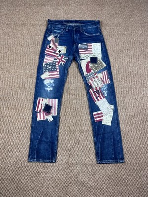 Denim & Supply Ralph Lauren Patchwork Flag Distressed Jeans Blue RARE 32 X 32