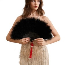 Happy Feather Handheld Marabou Fan, 1920s Vintage Style Flapper Black