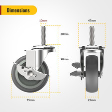 Heavy-Duty 75mm Locking Castor Wheels Set of 4 with M10 Threaded Stem
