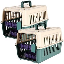 2 Set Hard Plastic Pet Carrier Breathable Dog Cat Kennel with Metal Door Bowl...