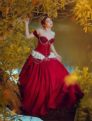 Bohemian Wedding Dresses Vintage Red Corset Bathing Bat Ruffles Pearl Satin  | eBay