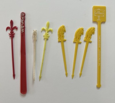 VTG Swizzle Stick Lot (8) Pan Am Concourse Fisherman Fluer De Lis Mid Century