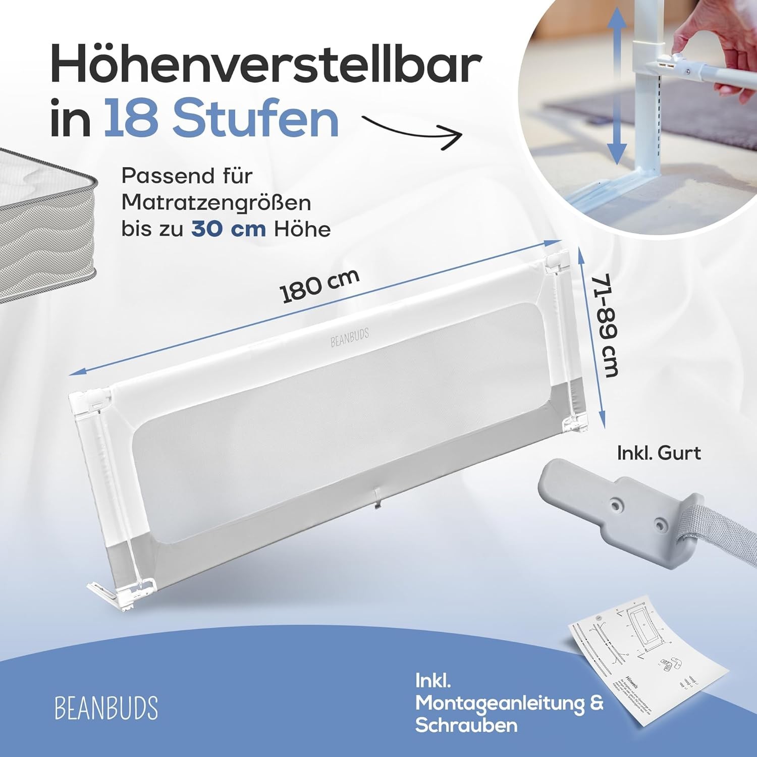 BEANBUDS Rete Letto 180 cm Monolaterale Grigio Anticaduta con Cinghia di Fissaggio foto 5