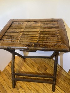 VINTAGE MID CENTURY MODERN BURNED TORTOISE SHELL FOLDING BAMBOO TRAY TABLE