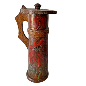 Antique Flemish Wooden Painted Pyro Art Tankard With Poinsettia Flowers 13"H