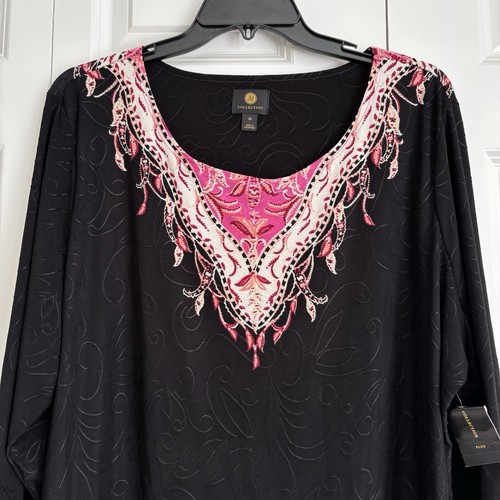 JM COLLECTION WOMENS TOPS JACQUARD SIZE 2X 3/4 SLEEVE BLACK/PINK/WHITE PULLON - Picture 5 of 6