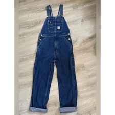 Carhartt Navy Blue Denim Work Overalls with Gold Hardware