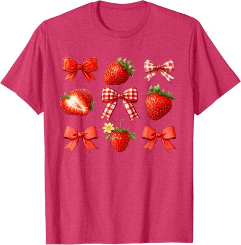 Strawberry Coquette Bow Strawberries Festival Girls Women T-Shirt Hoodie - Picture 9 of 14