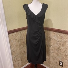 Dress Barn Little Black Dress Sleeveless Midi Stretch Ruffle V Neck Ruched Sz 12