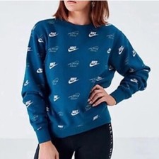 Nike Women Medium Sportswear All Over Print Crew Sweatshirt Blue D8
