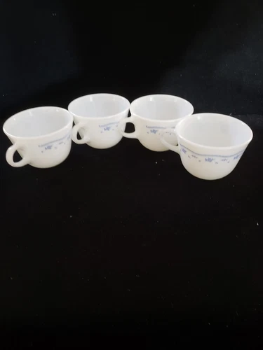 Lot 4 Vintage Pyrex Morning Blue Floral Milk Glass Coffee Tea Cup Mug No Chips