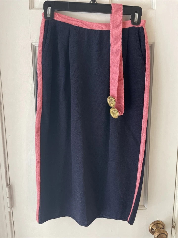 Falda de punto vintage de lana mezcla de nailon Don Sayers falda lápiz cinturón azul marino y rosa