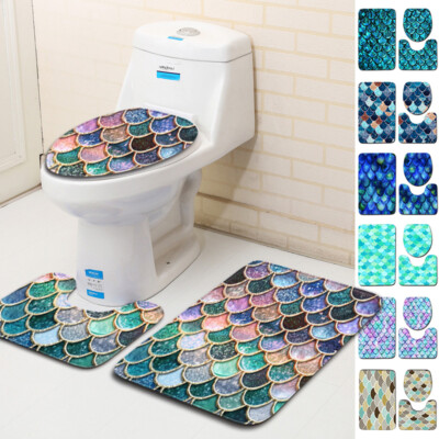 3PCS Fish Scale Bathroom Non-Slip Bath Mat Toilet Lid Cover Contour Rug Set