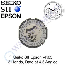 Genuine Seiko SII Epson VK63 Watch Movement Japan 3 Hands, Date at 4.5 Angled