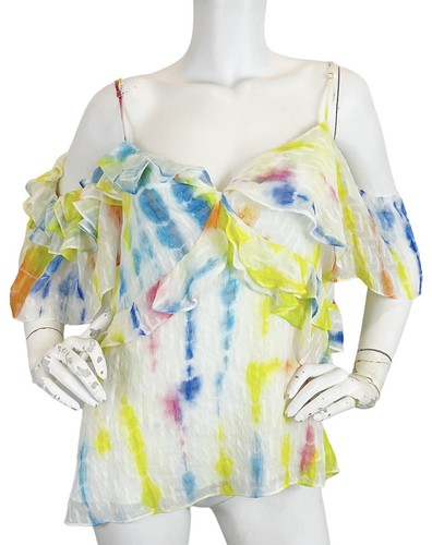 NEW Tanya Taylor Silk Tavia Top Tie Dye Cold Shoulder Ruffled Lined Sz 16