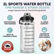 2L Sports Water Bottle Time Marker with Straw Large Gym Travel Drinking Bottle