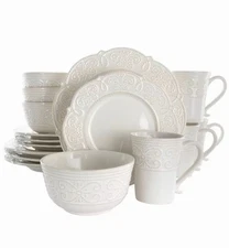 Elama Dinnerware Set White Embossed Scalloped Stoneware 16-Piece (Service for 4)