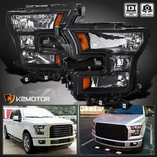 Black Fits 2015-2017 Ford F150 F-150 Headlights Head Lamps Left+Right Pair 15-17