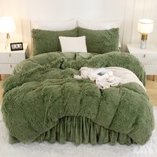 Faux Fur Sage Green Comforter Set Queen Size, 3 Pieces Fluffy Fuzzy Plush Bed...